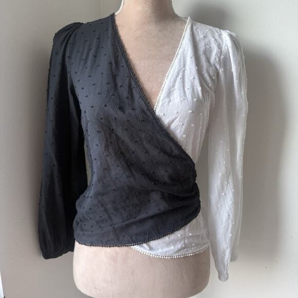 FARM RIO Anthropologie Wrap Top Swiss Dot Puff Sleeve Colorblock Cotton Size S - Picture 1 of 8